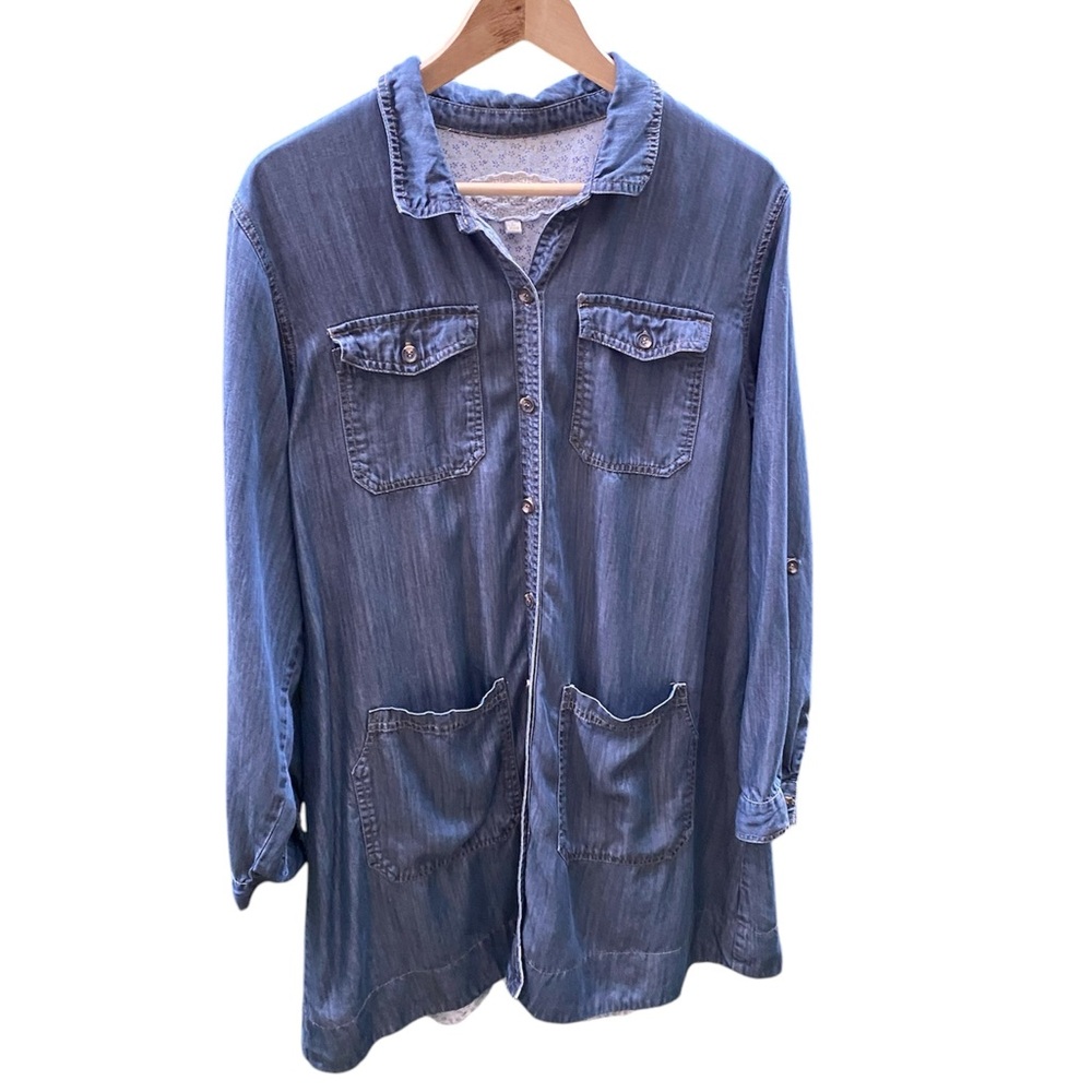 Citron Biell blue shirtdress Tencel Large L button pockets long sleeve
